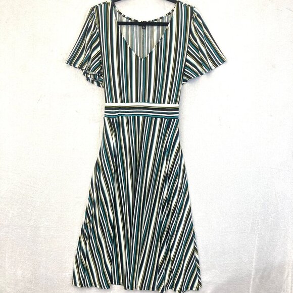 Torrid Midi Dress Womens 2 2X Black Teal Flowy Striped Short Sleeve Fit & Flare - Picture 1 of 14